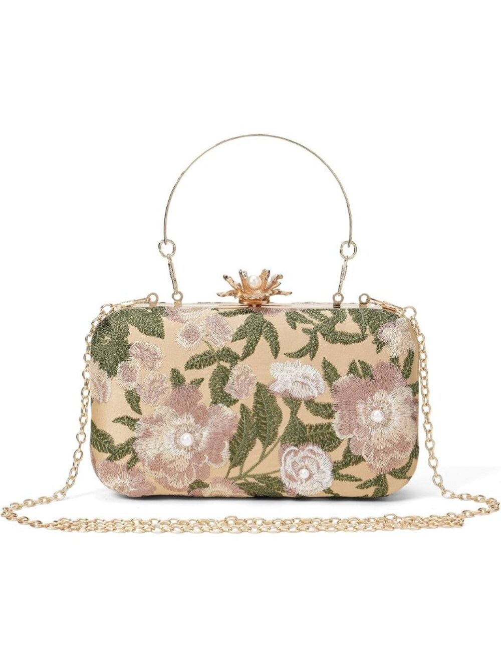 Women's Khaki Clutch Purse Elegant Floral Embroidery Sequin Evening Bags